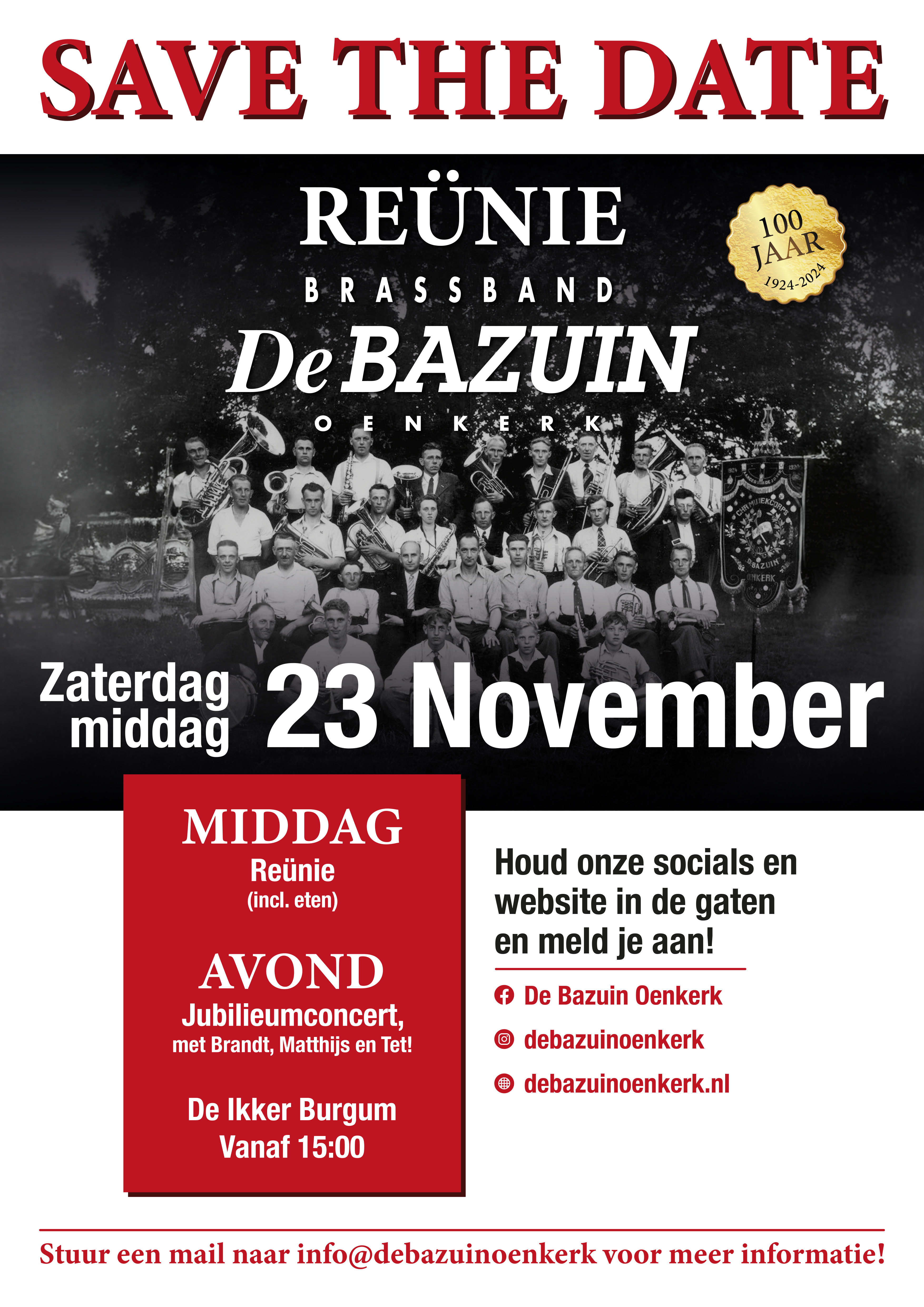 SAVE THE DATE - REÜNIE 100 jaar De Bazuin Oenkerk